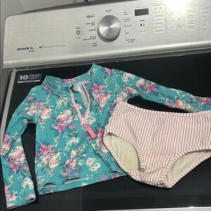 Girls 3T two piece swim bathing suit rash guard zip top ruffle butt seersucker